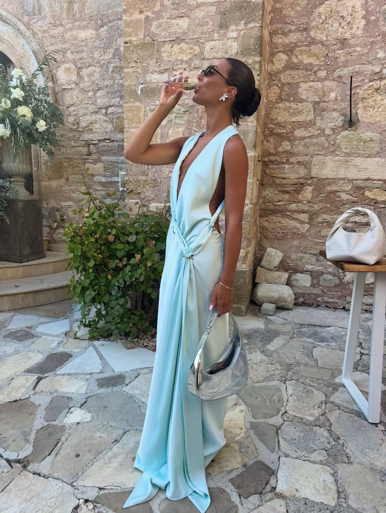 Misha Harlow Satin Dress in Ice Blue The Closet Collective Hire Misha Harlow Satin Dress in Ice Blue The Closet Collective Hire