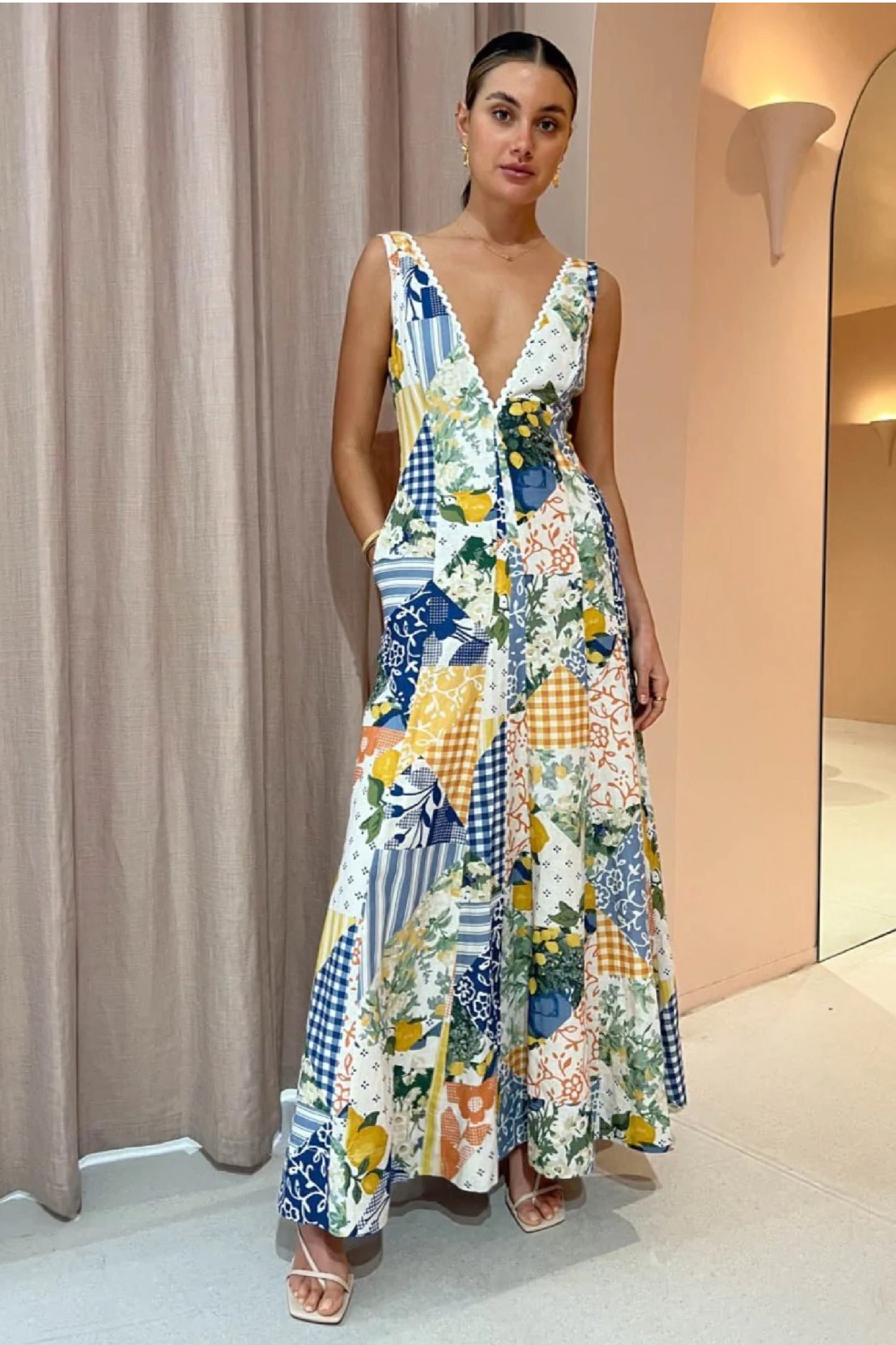 Wavy Maxi Dress in Lemon Patchwork